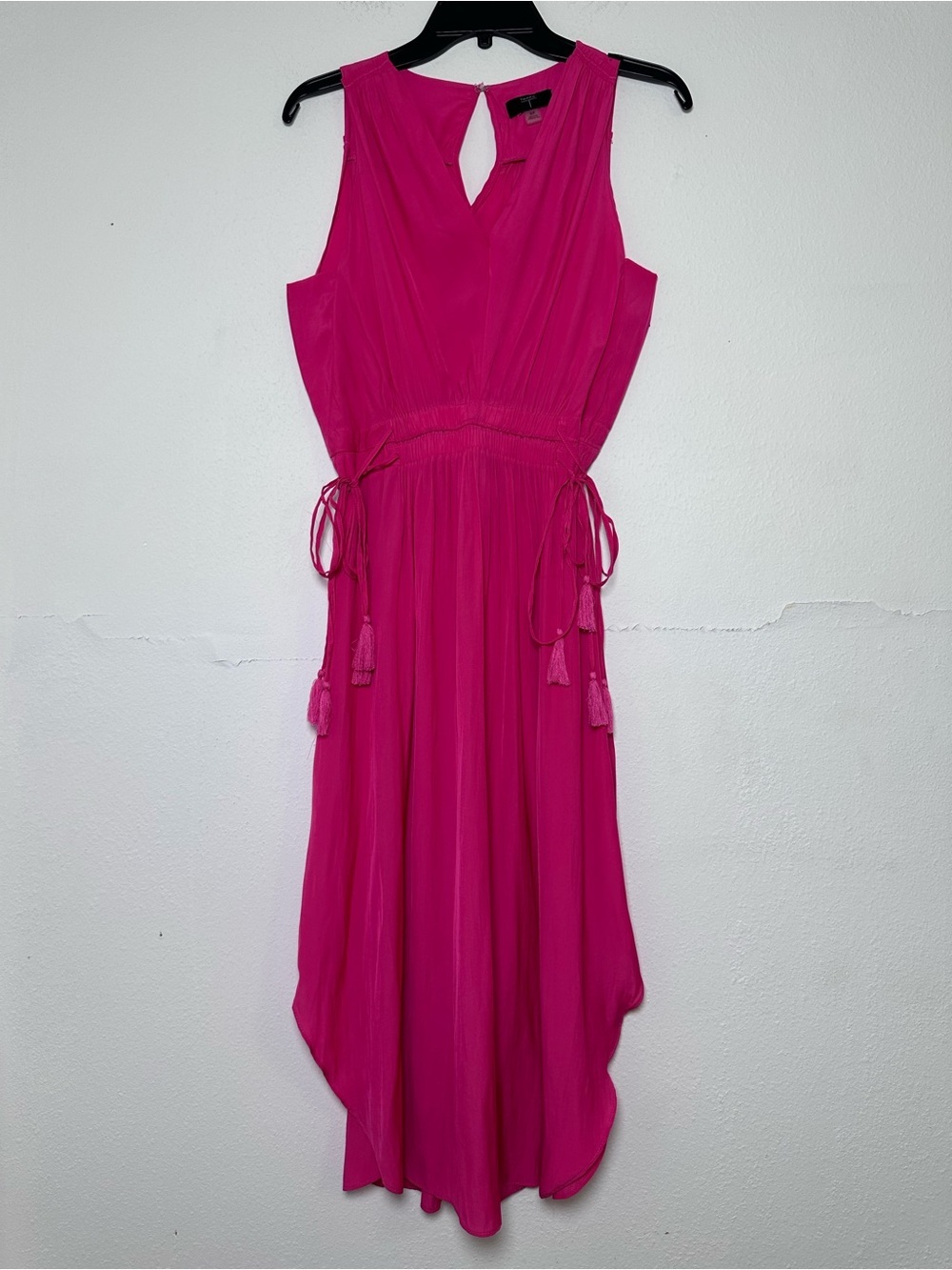 Tahari Hot Pink Summery Sleeveless V-Neck Midi Dress with Elastic Tassel Waist - Picture 2 of 13